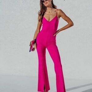 Vici Fore Bijou Split Hem Flare Magenta Jumpsuit NEW